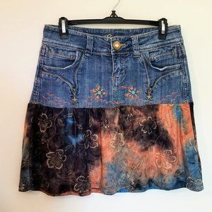 Gypsy, hippie, bohemian upcyled denim mini skirt